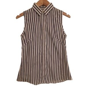 Banana Republic Navy and White Sleeveless Striped Button-Down Shirt